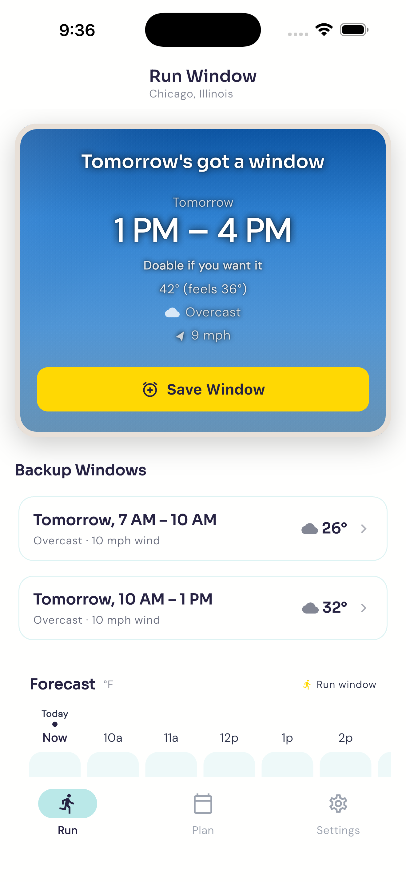 Run Window showing best running window: Tomorrow 1 PM – 4 PM