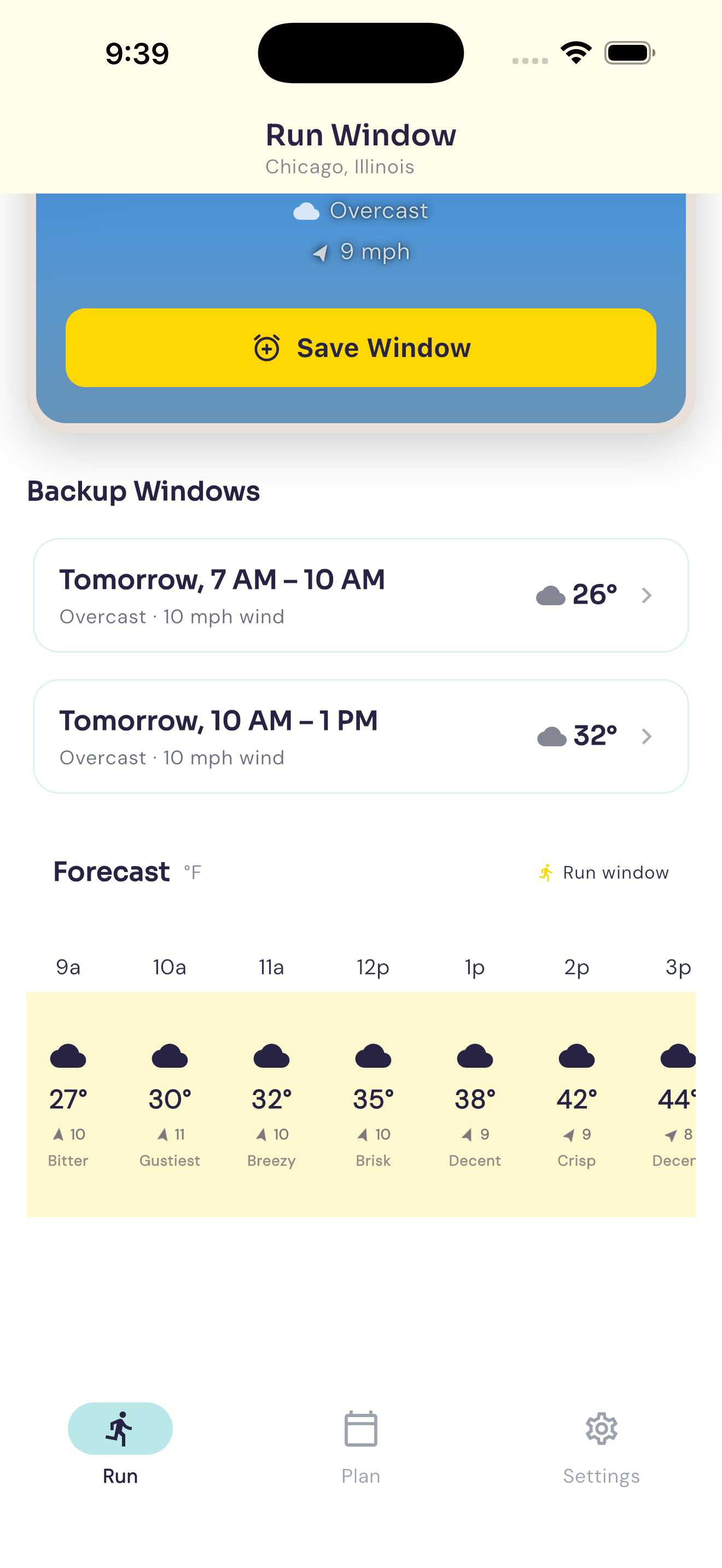 Run Window hourly timeline of running conditions