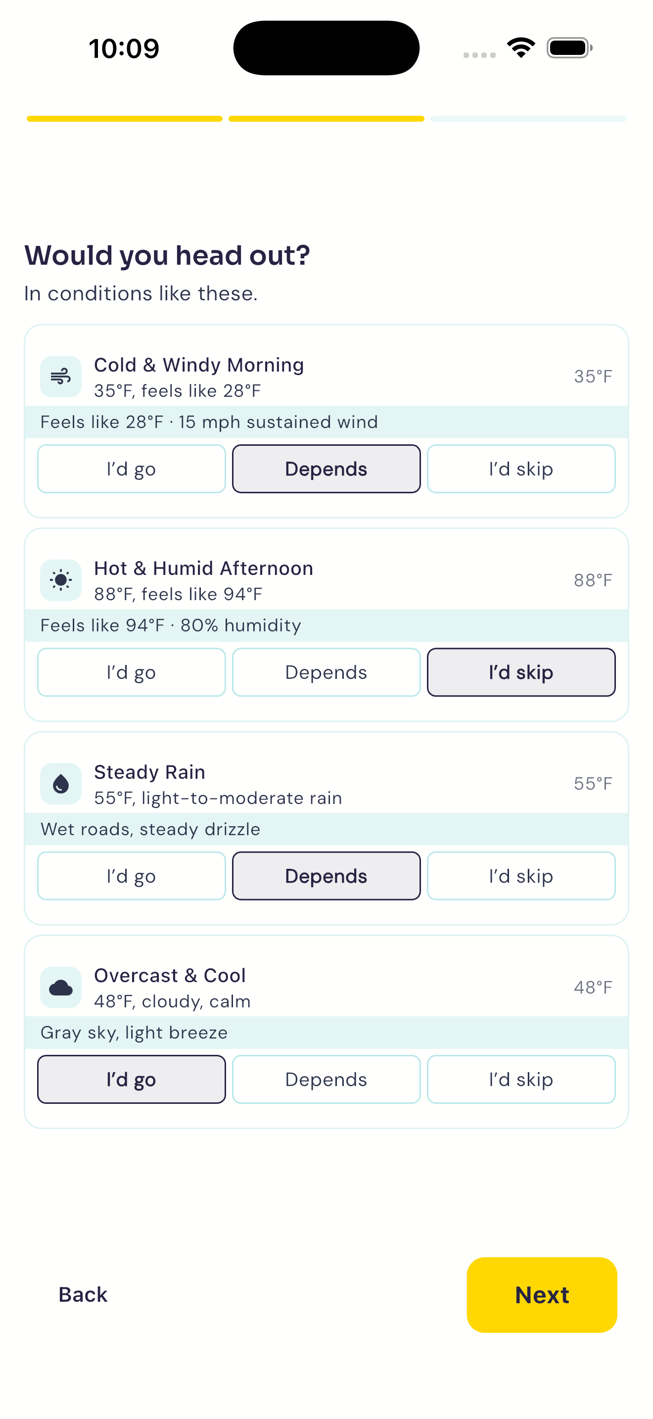 Run Window onboarding quiz with weather scenario cards
