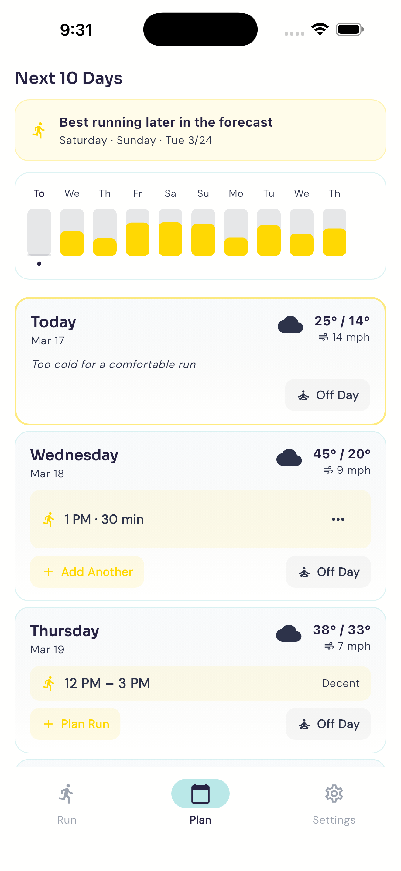 Run Window weekly planning view with 10-day forecast