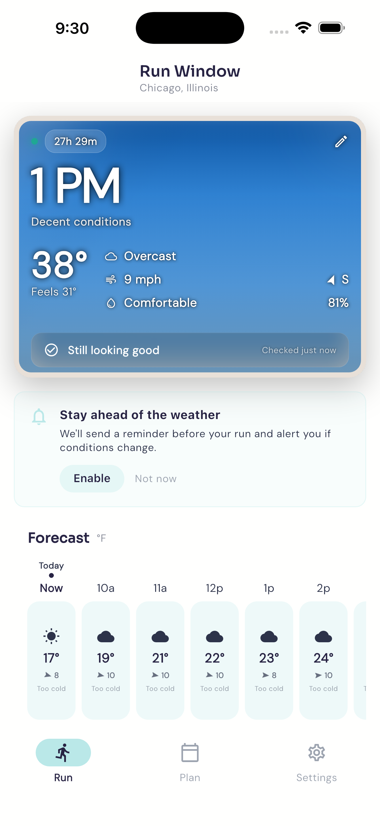 Run Window weather watch showing conditions still looking good for planned run